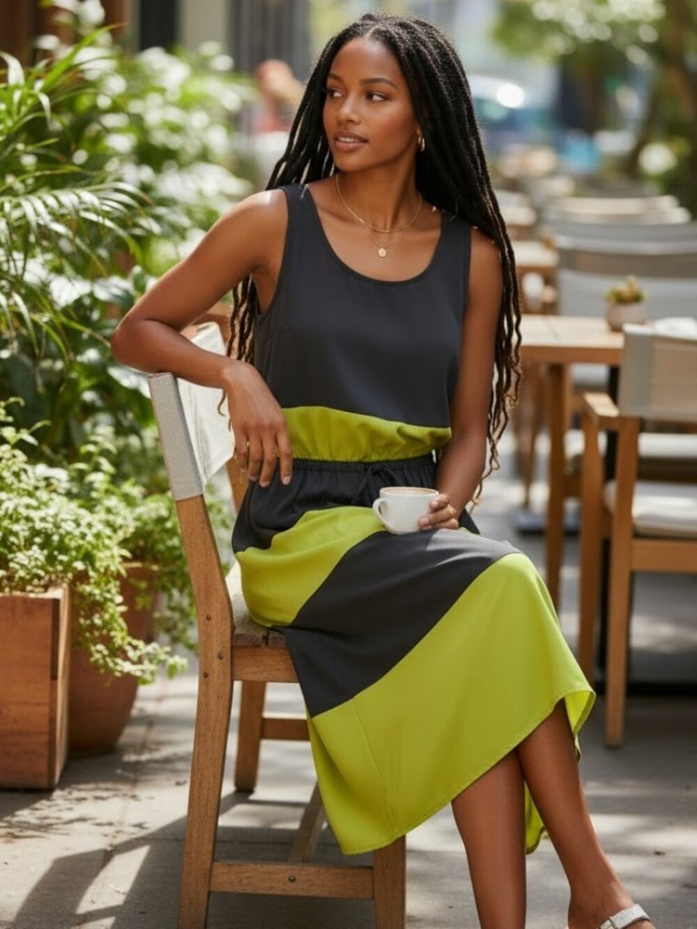 Sweet Storm Navy & Lime Striped Sleeveless Dress – Women’s L – Drawstring Waist